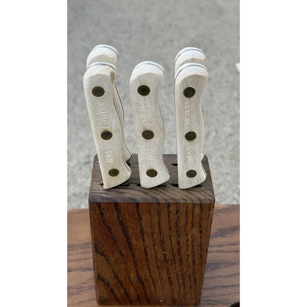 Chicago Cutlery Steak Knife Set 5‎ Pc w Wood Block Wood Handles Vintage